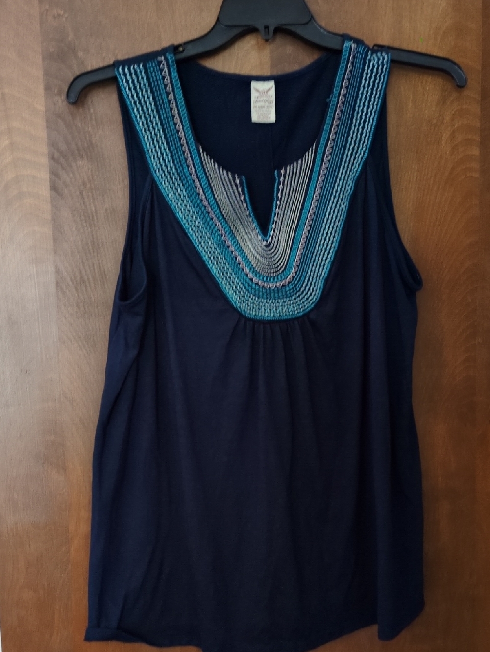 Faded Glory Navy Sleeveless Tank with Blue Beaded V-Neck